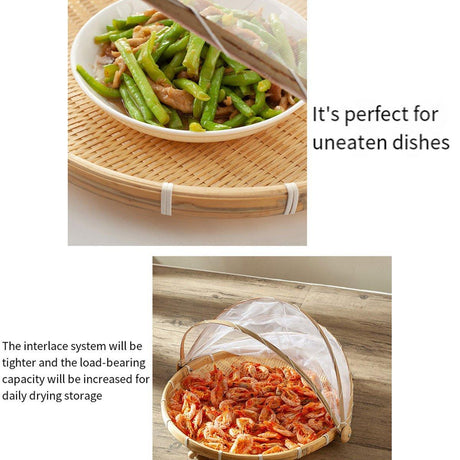 Bamboo Storage Basket with Mesh Cover for Fruit Vegetables Food Buns Kitchen - 42CM