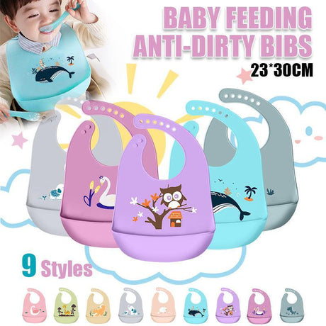 Silicone Waterproof Feeding Bib Apron with Pouch Easy to Clean Smock for Mealtime Use - Owl