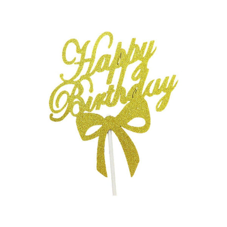 Happy Birthday Cake Topper Colour Printed Acrylic Party Decorations - Gold-Bowknot