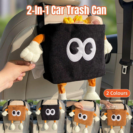 2in1 Car Wastebasket and Tissue Box Multifunctional Car Storage Bucket Organizer - Black