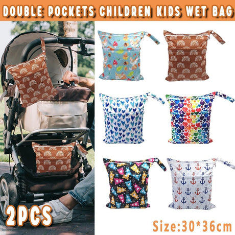 2PCS Cartoon Printed Diaper Bag Double Zipper Washable Storage Organizer - Blue Heart