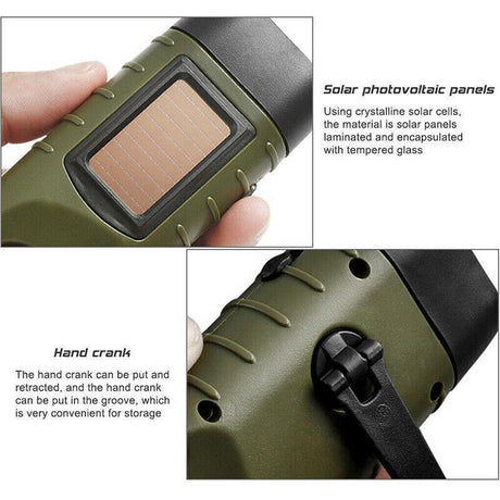 Hand Crank Solar Powered Rechargeable Led Camping Emergency Flashlight - Black