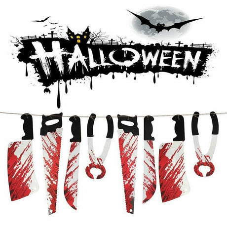 8Pcs Hanging Bloody Weapons Halloween Horror Props Garland Banner Decoration Au