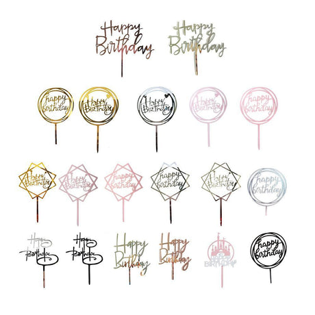 Acrylic Home Happy Birthday Decor Baking Cake Topper Card Party Decor Supply - Silver S224