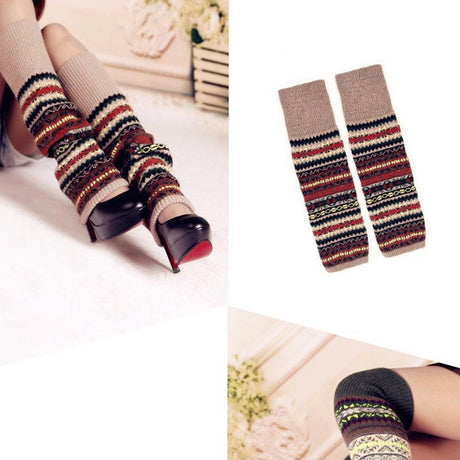 Women Ladies Winter Warm Knit Wool Leg Warmer Woolen Knee Knit Socks Leggings - Black