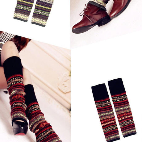 Women Ladies Winter Warm Knit Wool Leg Warmer Woolen Knee Knit Socks Leggings - Black