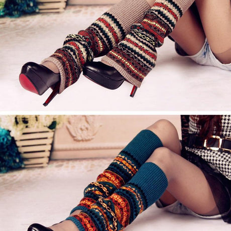 Women Ladies Winter Warm Knit Wool Leg Warmer Woolen Knee Knit Socks Leggings - Khaki