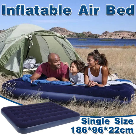 Single Inflatable Airbed 186x96cm Easy Inflate Flocked Air Mattress for Camping Guests