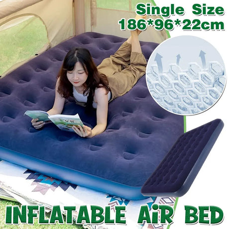 Single Inflatable Airbed 186x96cm Easy Inflate Flocked Air Mattress for Camping Guests
