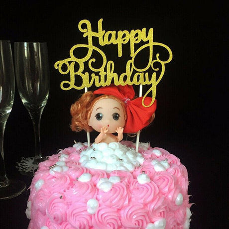Happy Birthday Cake Topper Colour Printed Acrylic Party Decorations - Gold-Long Strip