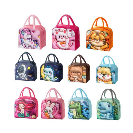 Cute 3D Cartoon Insulated Lunch Bag Oxford Fabric Bento Tote for School Use - Navy Blue Dinosaur