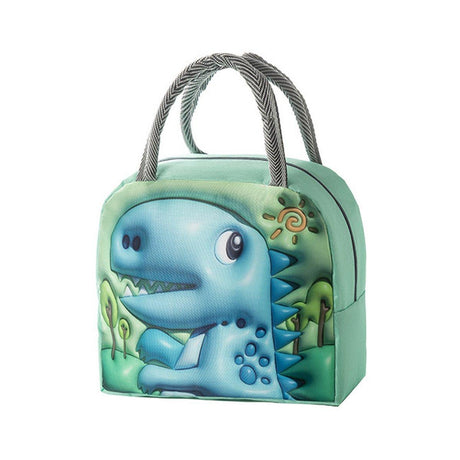 Cute 3D Cartoon Insulated Lunch Bag Oxford Fabric Bento Tote for School Use - Navy Blue Dinosaur