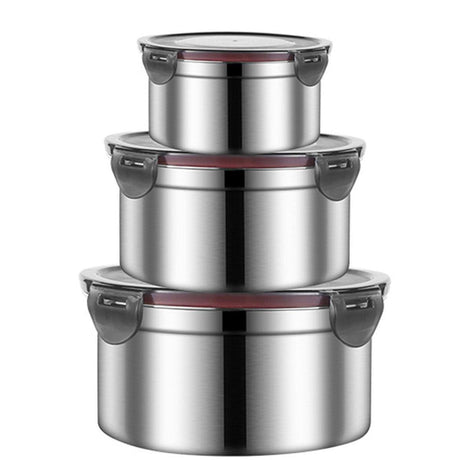 3PCS Stainless Steel Sealed Crisper Storage Box with Lid Round Food Lunch Box - Black