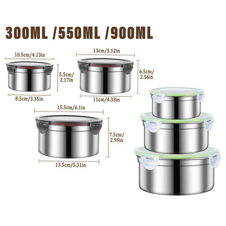 3PCS Stainless Steel Sealed Crisper Storage Box with Lid Round Food Lunch Box - White