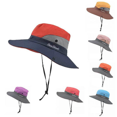 Women Wide Brim Ponytail Hat Sun Protect Visor Summer Beach Cap Anti Uv Floppy - Orange