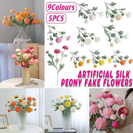 5pcs Artificial Peony Silk Flowers Bouquet Decor Faux Floral Arrangements - Champagne