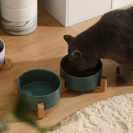Ceramic Pet Bowl Double Cat Food Bowl Dog Water Bowl Feeding Drinking Bowl Set - Black
