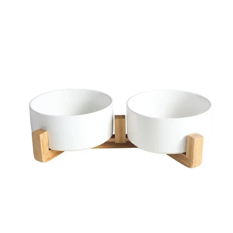 Ceramic Pet Bowl Double Cat Food Bowl Dog Water Bowl Feeding Drinking Bowl Set - White