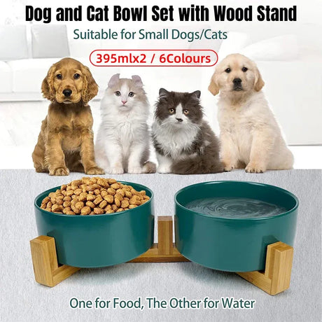 Ceramic Pet Bowl Double Cat Food Bowl Dog Water Bowl Feeding Drinking Bowl Set - White