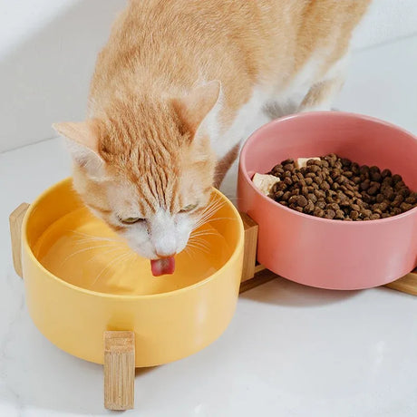 Ceramic Pet Bowl Double Cat Food Bowl Dog Water Bowl Feeding Drinking Bowl Set - White