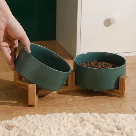 Ceramic Pet Bowl Double Cat Food Bowl Dog Water Bowl Feeding Drinking Bowl Set - Yellow