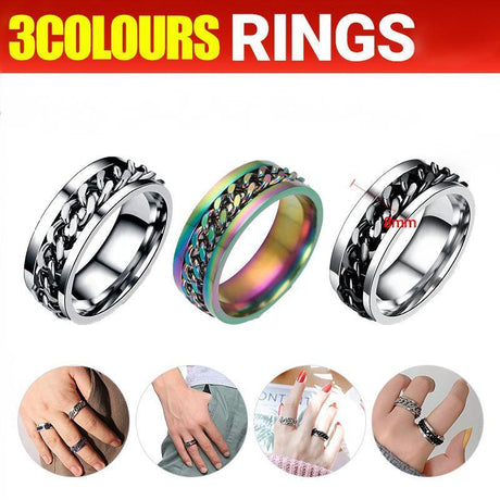 Spinner Rings Mens Womens Fidget Rotating Ring Silver Stainless Steel Size 11 - Black