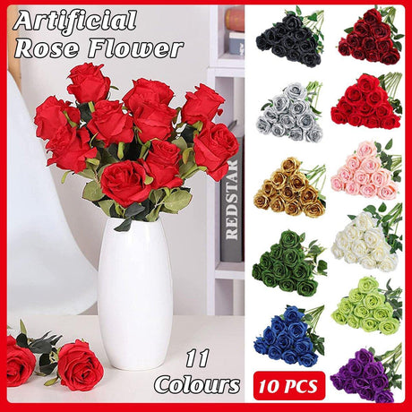 10pcs Artificial Silk Simulation Rose Flowers - Wedding Party Home Decorations - Gold