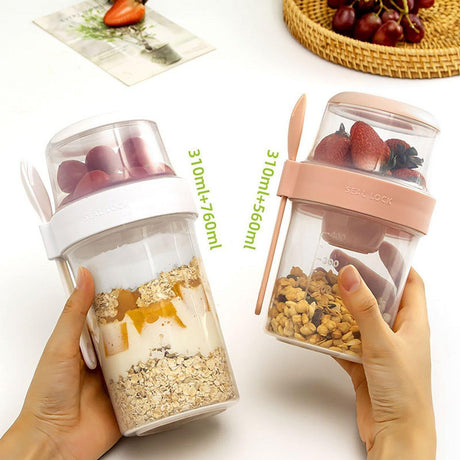 Double Plastic Salad Cup with Fork Sealed Breakfast Container for On-the-Go Meal - 560ml-White
