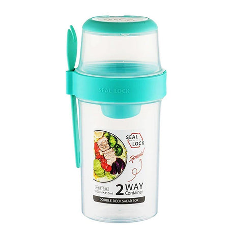 Double Plastic Salad Cup with Fork Sealed Breakfast Container for On-the-Go Meal - 560ml-White