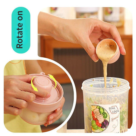 Double Plastic Salad Cup with Fork Sealed Breakfast Container for On-the-Go Meal - 760ml-Pink