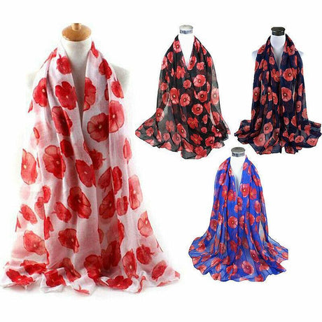 Women Ladies Poppy Print Floral Scarf Remembrance Day Poppies Scarves Wrap Shawl - Royal Blue