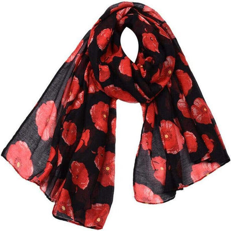 Women Ladies Poppy Print Floral Scarf Remembrance Day Poppies Scarves Wrap Shawl - Royal Blue