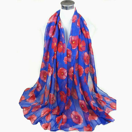 Women Ladies Poppy Print Floral Scarf Remembrance Day Poppies Scarves Wrap Shawl - Royal Blue