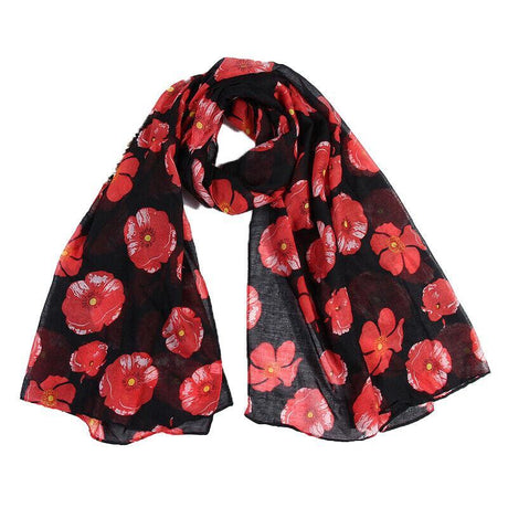 Women Ladies Poppy Print Floral Scarf Remembrance Day Poppies Scarves Wrap Shawl - Royal Blue