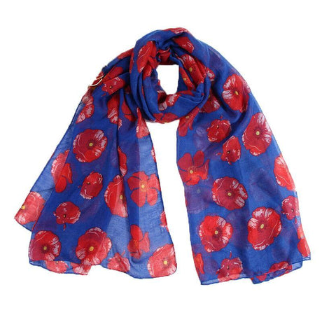 Women Ladies Poppy Print Floral Scarf Remembrance Day Poppies Scarves Wrap Shawl - Royal Blue