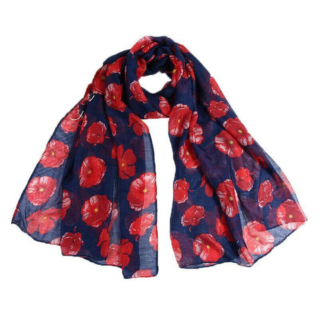 Women Ladies Poppy Print Floral Scarf Remembrance Day Poppies Scarves Wrap Shawl - Royal Blue