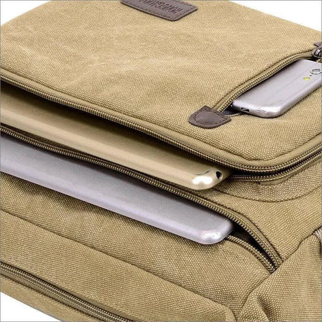 Retro Canvas Messenger Shoulder Bag for Men Travel Crossbody Satchel with Zippers - Khaki