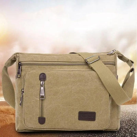 Retro Canvas Messenger Shoulder Bag for Men Travel Crossbody Satchel with Zippers - Khaki