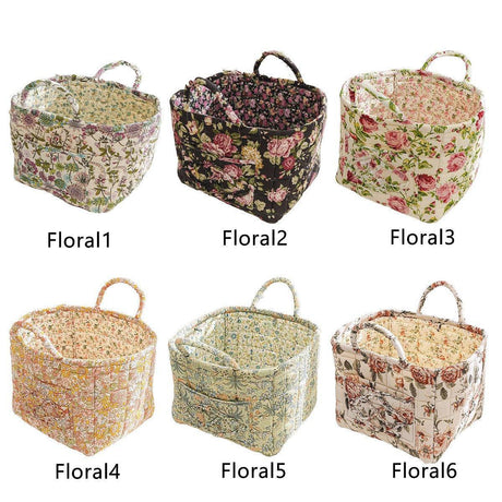 Portable Fabric Storage Basket Korean Pastoral Style Organizer for Home Sundries - Floral2
