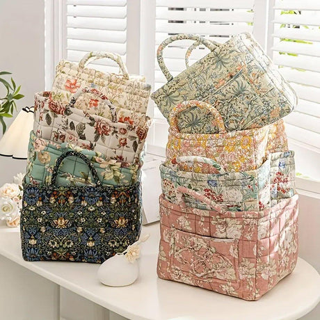 Portable Fabric Storage Basket Korean Pastoral Style Organizer for Home Sundries - Floral2