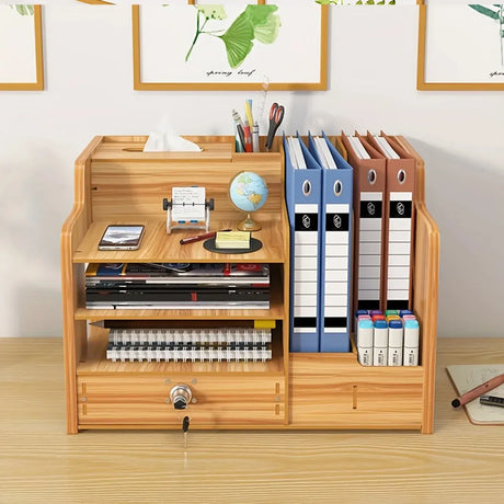 Wooden Desktop Storage Box with Locking Drawer Space Saving for Home Office Use - Wood