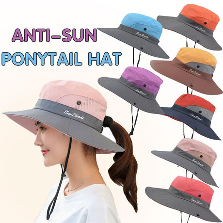Women Wide Brim Ponytail Hat Sun Protect Visor Summer Beach Cap Anti Uv Floppy - Watermelon Red