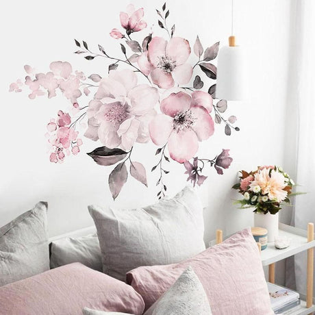 Removable Wall Stickers Watercolour Dusty Pink Flowers Leaves
