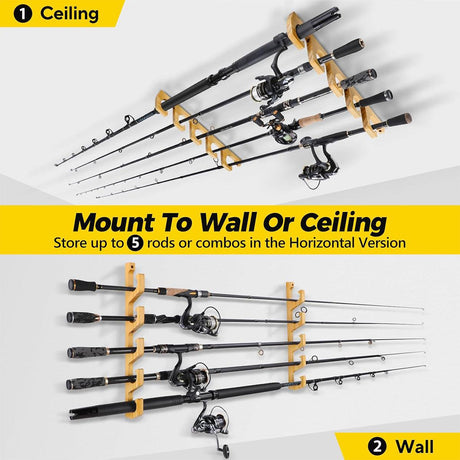 1Pair Bamboo Fishing Rod Holder Wall Mounted Wooden Storage Rack Stand Organizer