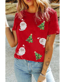 Red Santa Clause Christmas Tree Print Tee -