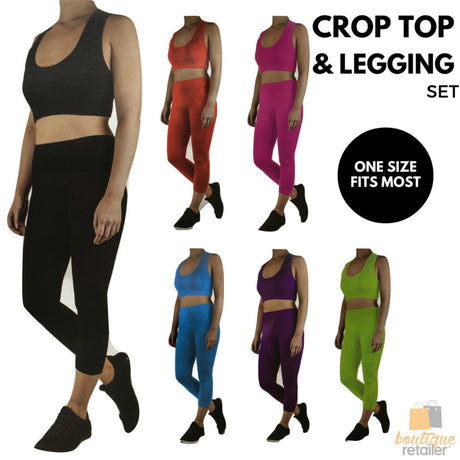 Womens CROP TOP Tank + LEGGING Pants SET Jogger Sport Party Tracksuit Gym Yoga - Red
