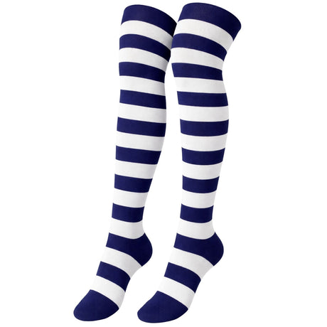 Womens Over Knee Socks Striped Thigh High Stockings Long Stretch - Blue/White