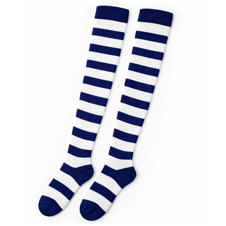 Womens Over Knee Socks Striped Thigh High Stockings Long Stretch - Blue/White