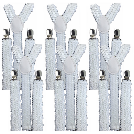 6x Mens Suspenders Braces Adjustable Strong Clip On Elastic Formal Wedding BULK - White (Sequin)