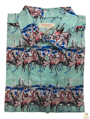 Mens Oahu Hawaiian Party Shirt Button Hippie Tops Short Sleeve Beach Holiday - Flamingo On Shore (0498) - S